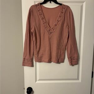 Lace-Trim V-Neck Long Sleeve Top — Rose Pink